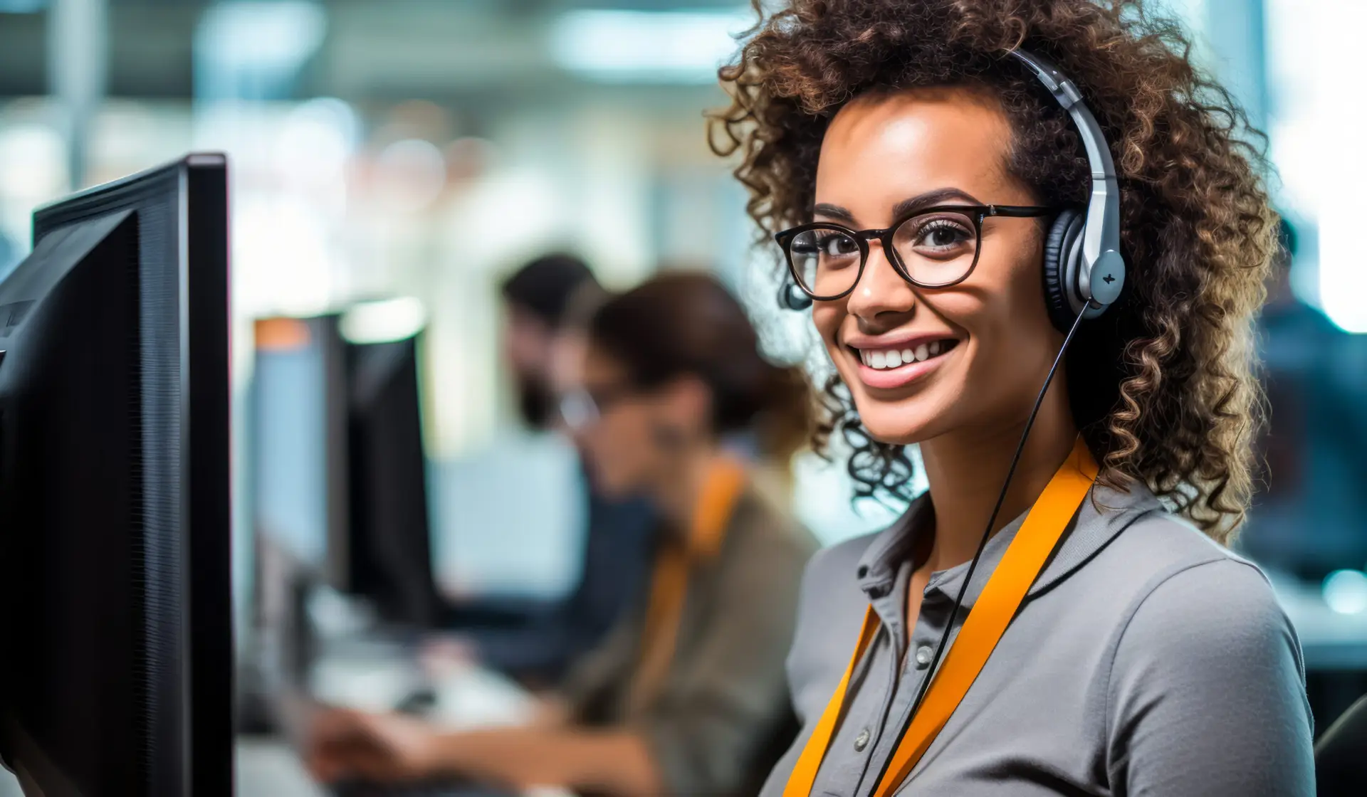 a woman wearing headphones and smiling